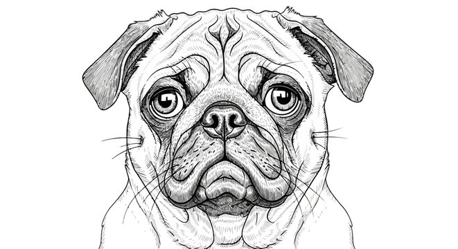 Pug dog face, cute animal illustration, black and white