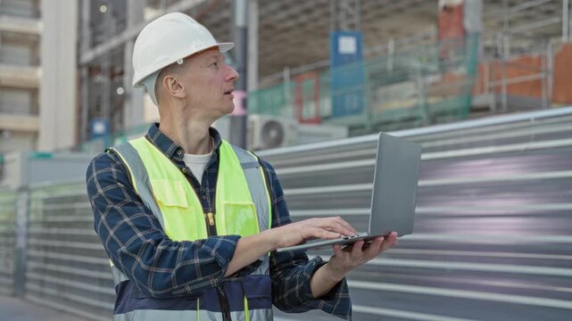 Man builder in white hardhat typing on laptop with bare hands while holding device and checking screen at building construction; professional concentration.
