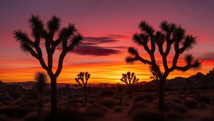 Obraz premium Joshua trees silhouette against dramatic sunset desert landscape.