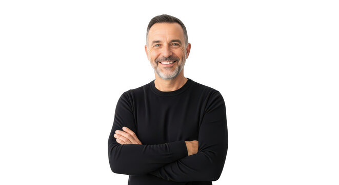 Smiling middle aged man with arms crossed wearing black shirt isolated on transparent background