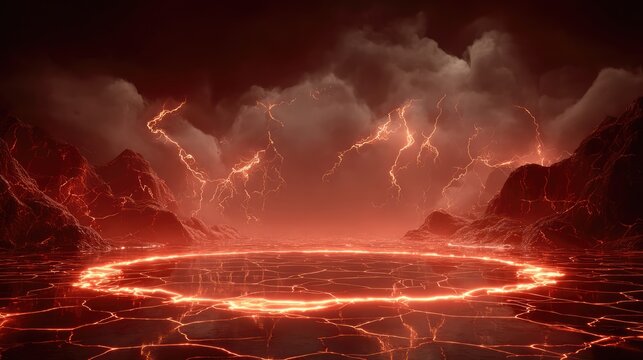 Dramatic landscape with lightning bolts and glowing ground circles.