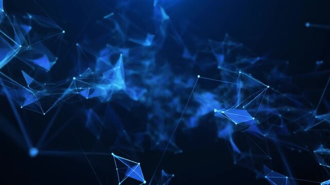 Neural network and deep learning concept animation. Glowing blue interconnected nodes forming brain-like structures. Data flow visualization with white neural pathways.