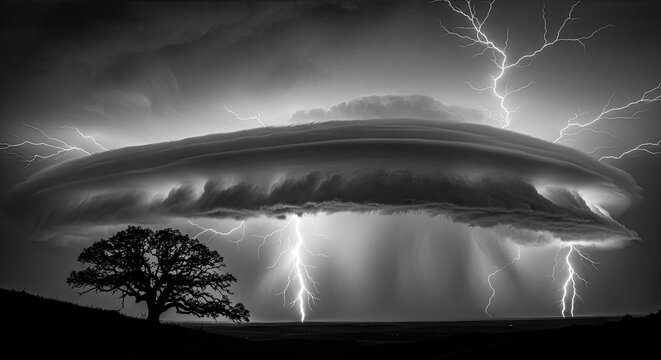 Dramatic supercell thunderstorm with lightning over lone tree silhouette.
