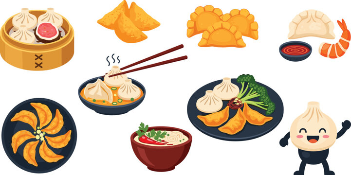 Asian Dumpling and Dim Sum Food Icon Set with Steamed Bao, Gyoza, Samosa, Shrimp, Soup Bowl, and Cute Dumpling Character for Chinese and Asian Food Designs