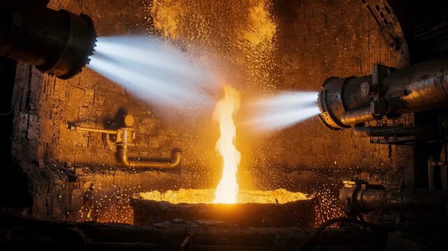 Medium shot capturing oxygen burners firing intensely inside a hybrid smelting furnace demonstrating advanced emission reduction technology in metal refining.