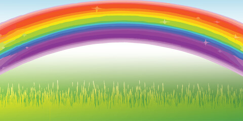 Fototapeta premium Vibrant Rainbow Arching Over Lush Green Grass Field.