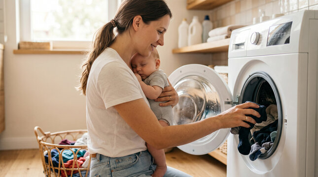Young mother holding baby while loading laundry in a bright modern home laundry room.