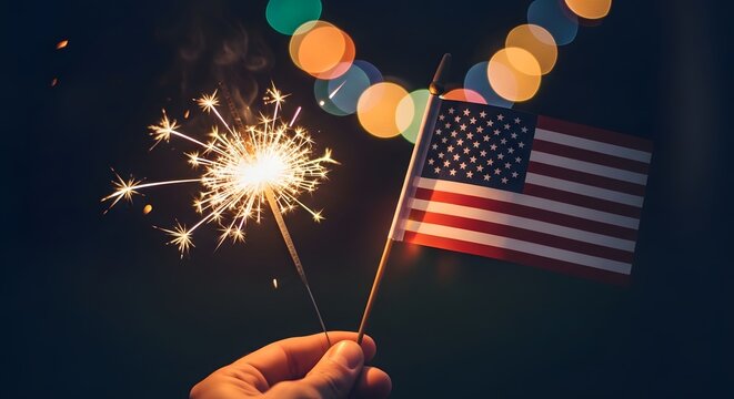 Hand holding sparkler and american flag at night