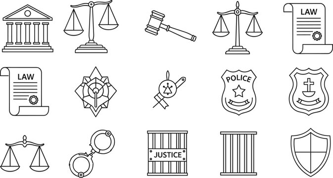 Law and Justice Outline Icon Set with Courthouse, Scale, Gavel, Law Scroll, Police Badge, Handcuffs, Prison, and Shield for Legal and Court System Designs