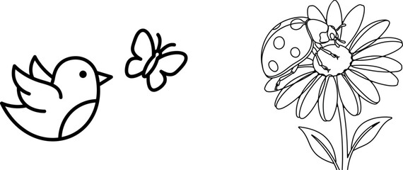 Sweet nature coloring page with a cute bird, flying butterfly and a ladybug on a daisy flower. Simple cartoon outline style for preschool activity books, spring crafts and Cricut cut files. © MdMasum