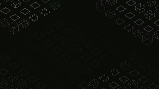 Abstract wireframe cubes form a digital structure in dark cyberspace. Modern technology presentation background and digital UI UX design element
