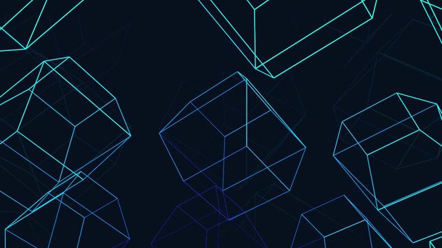 Geometric wireframe cubes and rhombuses animate in a radial pattern. Perfect for modern technology presentations and digital UI UX design projects