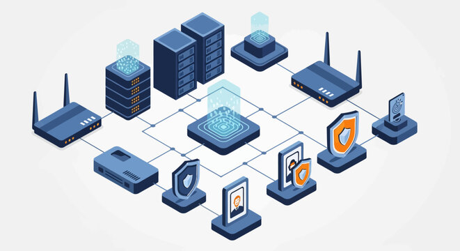 Isometric 2.5D vector graphic of network infrastructure with server racks, routers, security shields, biometric data, and user identity profiles connected via digital grid lines.