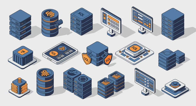 Collection of isometric 2.5D flat icons representing SQL databases, data server racks, network storage, computer monitors, processors, and cloud computing infrastructure elements.
