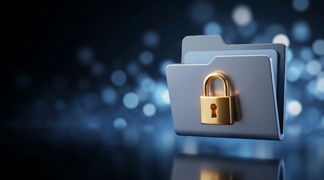 Secure digital folders with a shining golden padlock on a dark blue background representing data protection and cyber security.