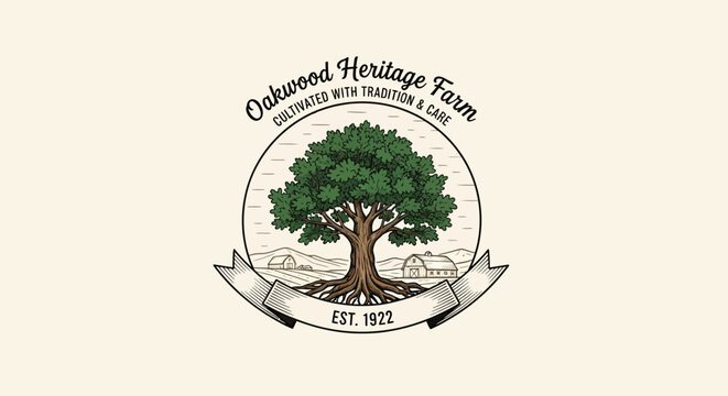 Oakwood Heritage Farm Logo: Majestic Tree, Vintage Barns, Est. 1922