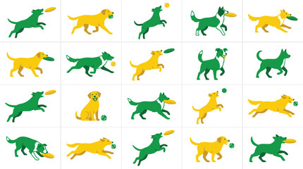 Obraz premium Collection of colorful dog silhouettes playing fetch with balls.
