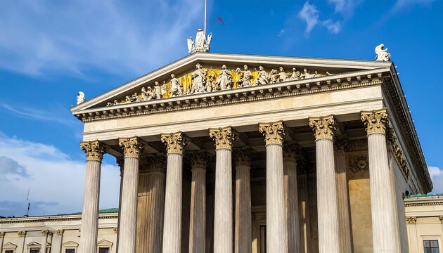A low-angle shot of a grand building's facade with columns and ornate details against a blue sky with wispy clouds