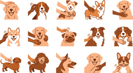 Fototapeta premium Collection of happy dogs receiving pets and scratches from human hands.