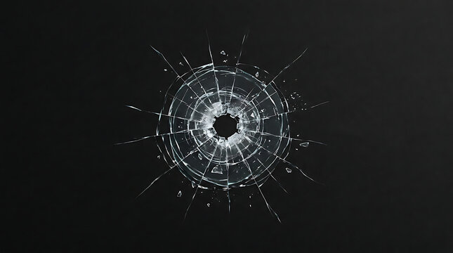 A broken glass window with cracks radiates outward on a black background.