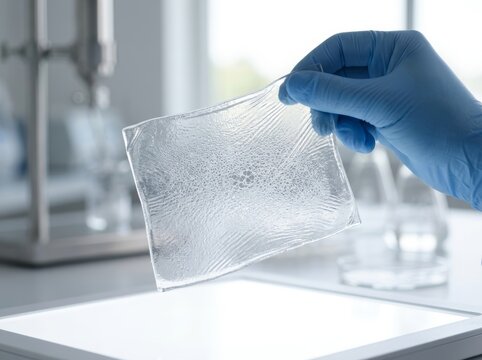 Scientist holding a transparent thin bio material sample. Researcher examining bio polymer film in laboratory. Development of new innovative eco friendly packaging and medical textile.