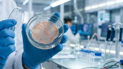 Fototapeta premium Scientist holding petri dish with cultured lab-grown meat. Researcher analyzing synthetic tissue sample in professional biotechnology facility. Future food production and innovation technology.