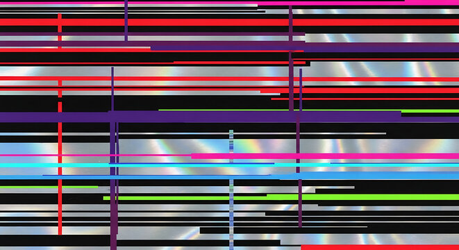 Glitchy grid lines intersect with futuristic circuit board patterns on a metallic surface.