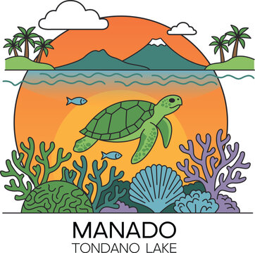 Manado Indonesia Tondano Lake Underwater Scenery with Sea Turtle Flat Line Art Vector Illustration