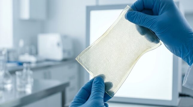 Scientist in lab holding flexible film with grid pattern. Researcher examining innovative transparent material. Concept of material science, nanotechnology, electronics and engineering.