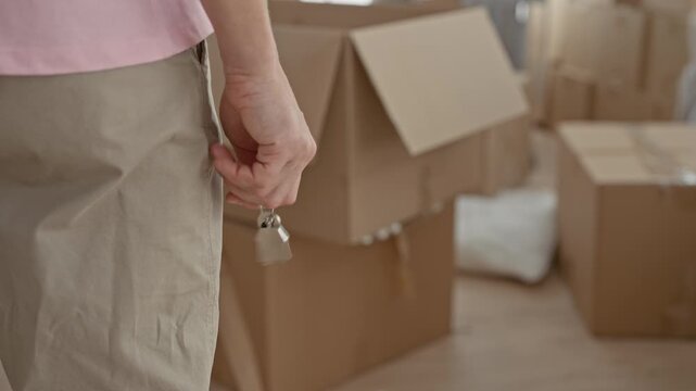 Young man holding keys in hand beside stacked cardboard boxes and open cartons in building interior during move; anticipation transition change.