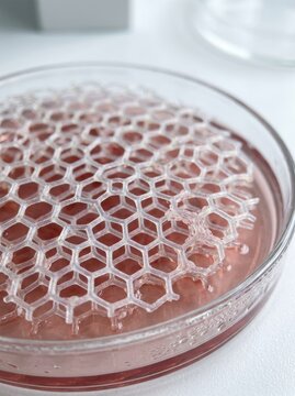 3D printed honeycomb scaffold structure in petri dish with pink liquid. Tissue engineering research and regenerative medicine experiment. Innovative biotechnology and laboratory science.