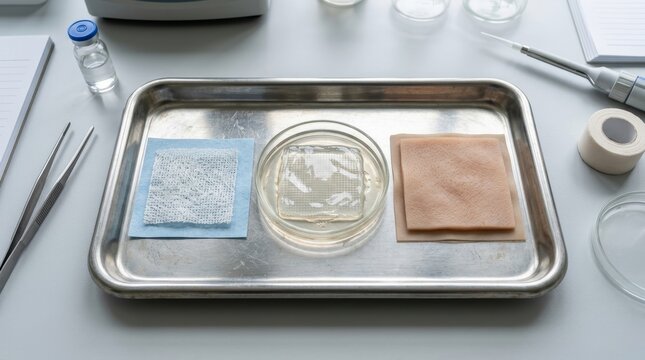 Medical wound dressing material and hydrogel skin graft in laboratory petri dish. Specialized bandage for burn treatment. Modern healthcare biomaterial research and surgery supply.