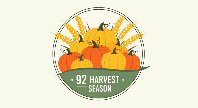 Harvest season logo with pumpkins and wheat