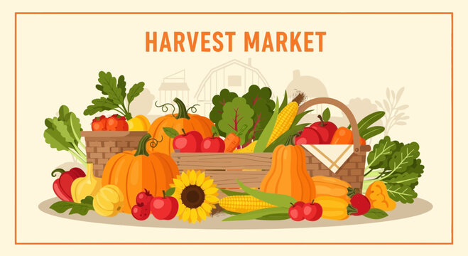 Harvest Market Seasonal Produce Basket Illustration