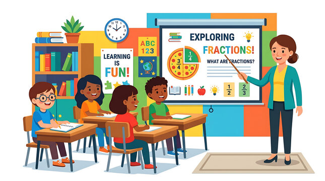 Teacher explaining math fractions to elementary school students in classroom cartoon illustration