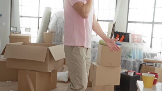 Man holding smartphone to ear and gesturing with free hand amid stacked moving boxes and packing materials in a bright building; stress.