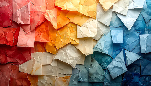 Abstract folded paper texture with a vibrant color gradient, transition from warm red orange to cool blue tones, geometric pattern