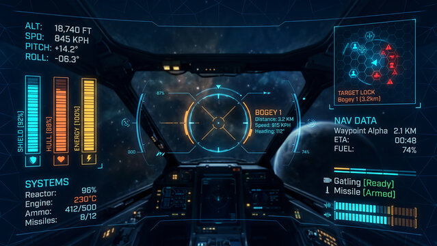 Futuristic spaceship control panel interface.