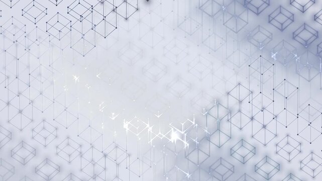 Geometric wireframe cubes network forming a digital structure. Modern technology presentation background and data visualization interface