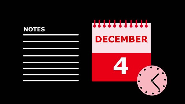 December 4 calendar page notes template red and white on black background date month.