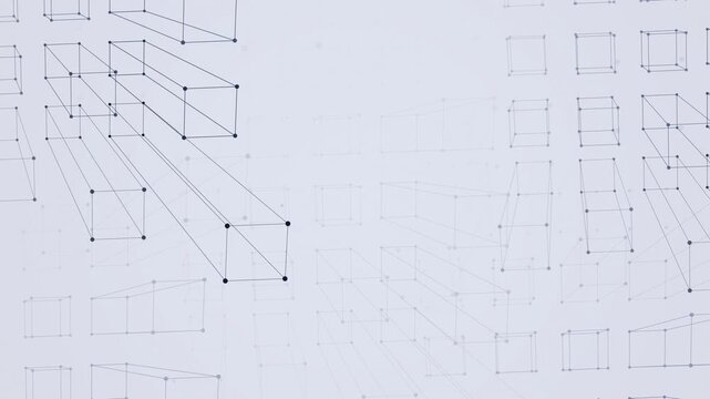 Abstract wireframe cubes and lines populate a clean digital space. Modern technology presentation background and graphic design element