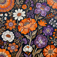 Fototapeta premium Impasto Oil Painting of Dense Vintage Floral Pattern in Orange Purple and White Against Dark Navy Background