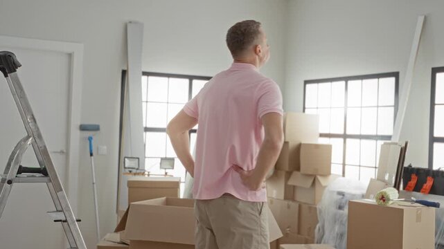 Man hands on hips inspects stacked moving boxes and a stepladder inside a sunlit building; contemplation planning.