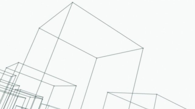 Wireframe cubes forming an abstract architectural structure. Ideal for technology presentations and digital interface design