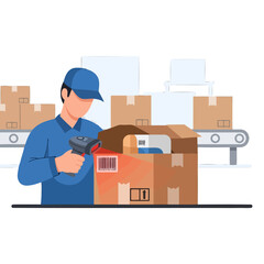 A warehouse worker scans a cardboard package with a handheld device © Rober