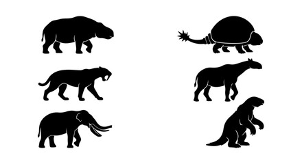 Prehistoric Animal Silhouettes Collection, Ancient Mammals and Reptiles Vector Icons © Mostafizur