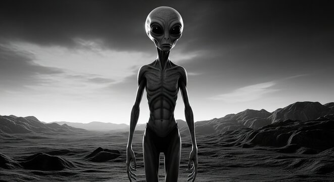 Extraterrestrial grey alien standing in barren rocky landscape.