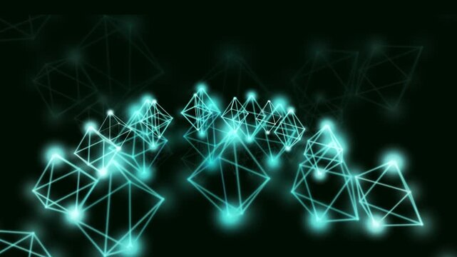 Glowing geometric wireframe structures ascend in a dark digital space. Futuristic technology presentation background and data visualization graphic