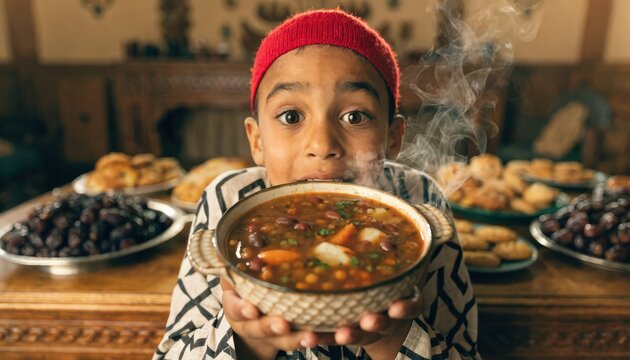Joyful young boy eagerly presents a steaming bowl of hearty soup surrounded by traditional Ramadan feast dishes.