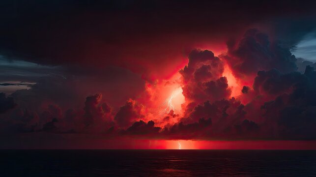 Fiery red thunderclouds above dark sea horizon.